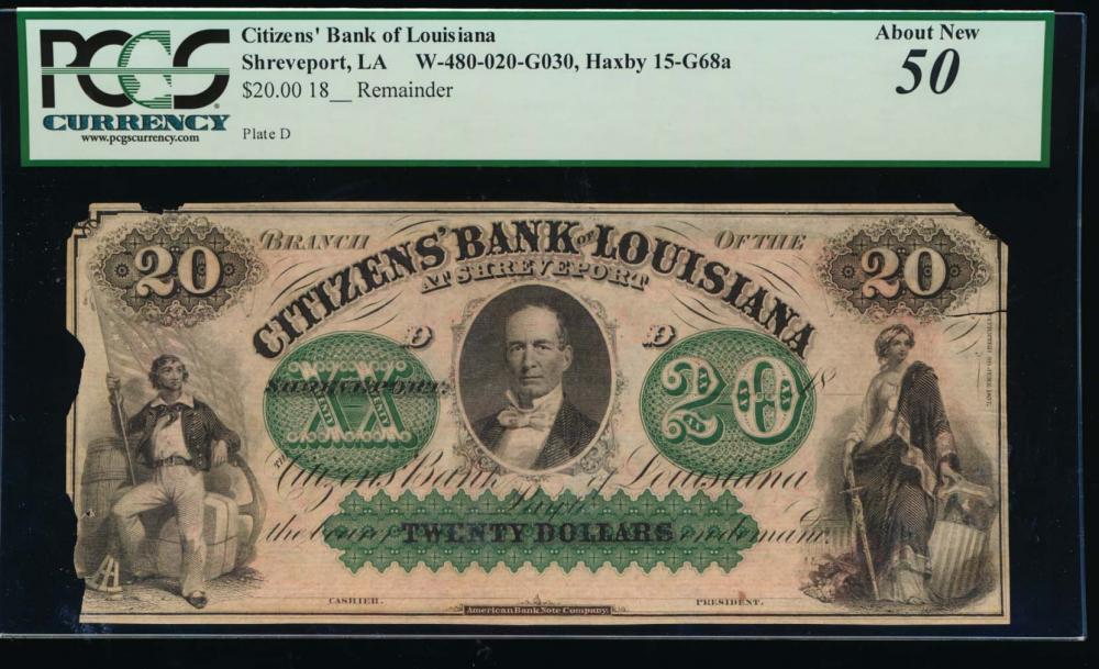 1800's $20 Citizens Bank Obsolete Note PCGS 50: One 1800's $20 Citizens Bank Obsolete Note PCGS 50.