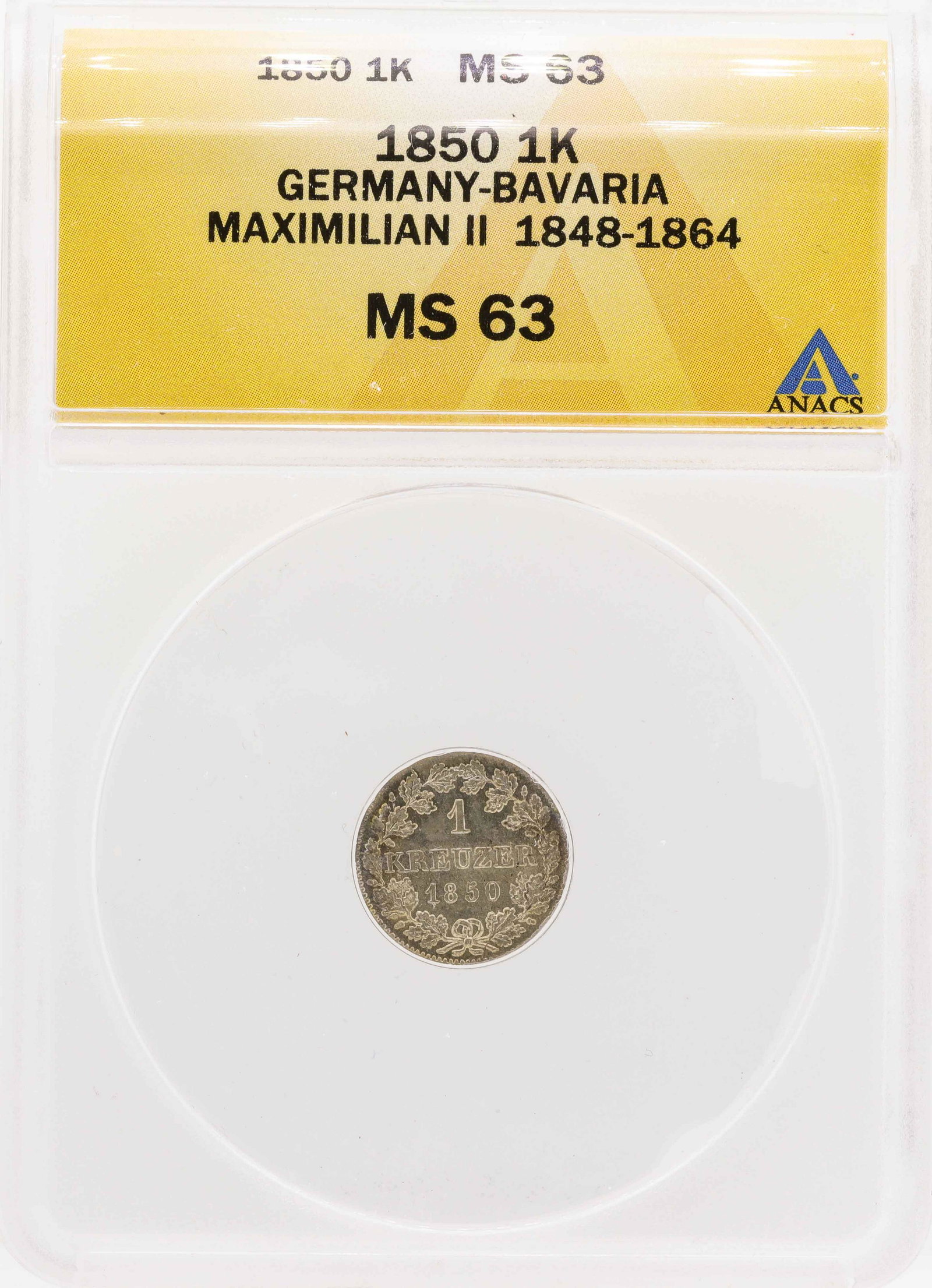 1850 Germany-Bavaria Maximilian II 1 Kreuzer Coin ANACS: One 1850 Germany-Bavaria Maximilian II 1 Kreuzer Coin ANACS MS63.