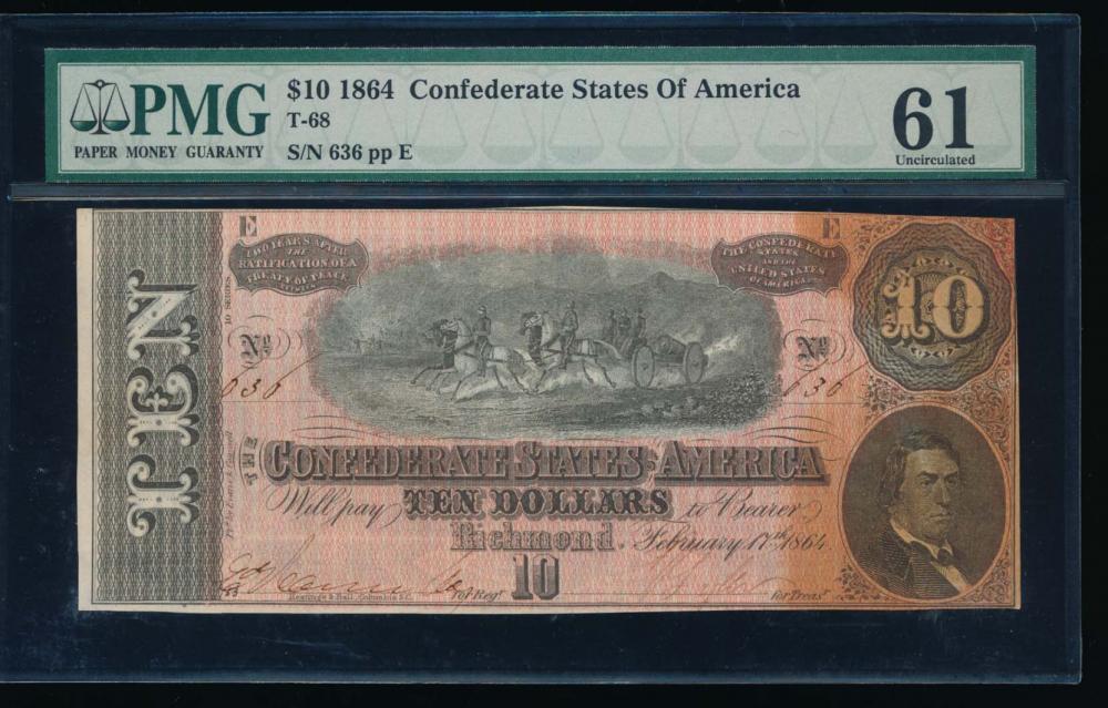 1864 $10 Confederate States of America Note PMG 61: One 1864 $10 Confederate States of America Note PMG 61.