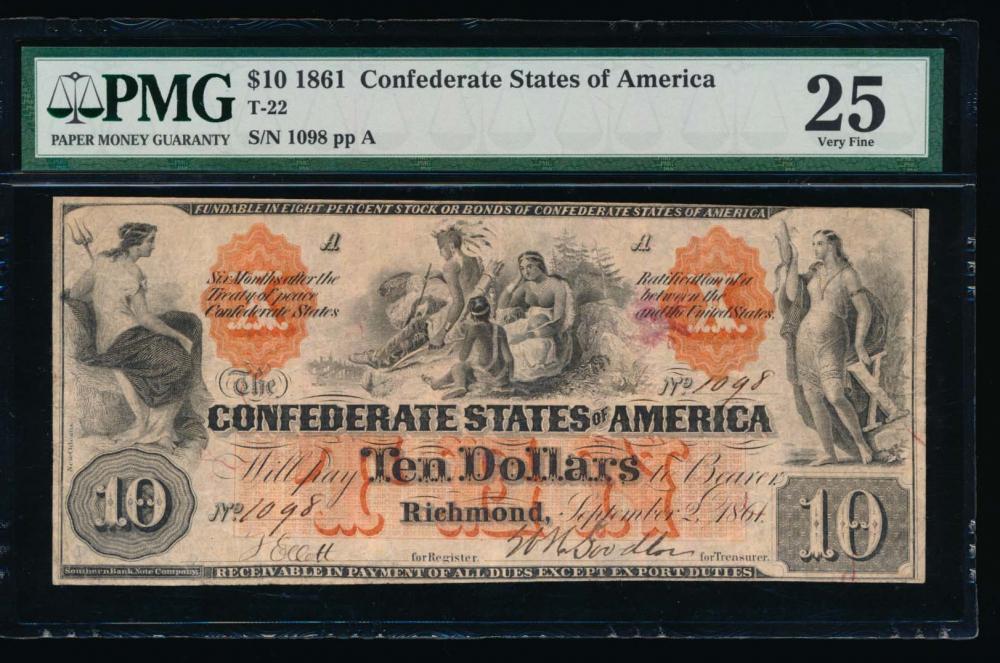 1861 $10 Confederate States of America Note PMG 25: One 1861 $10 Confederate States of America Note PMG 25.