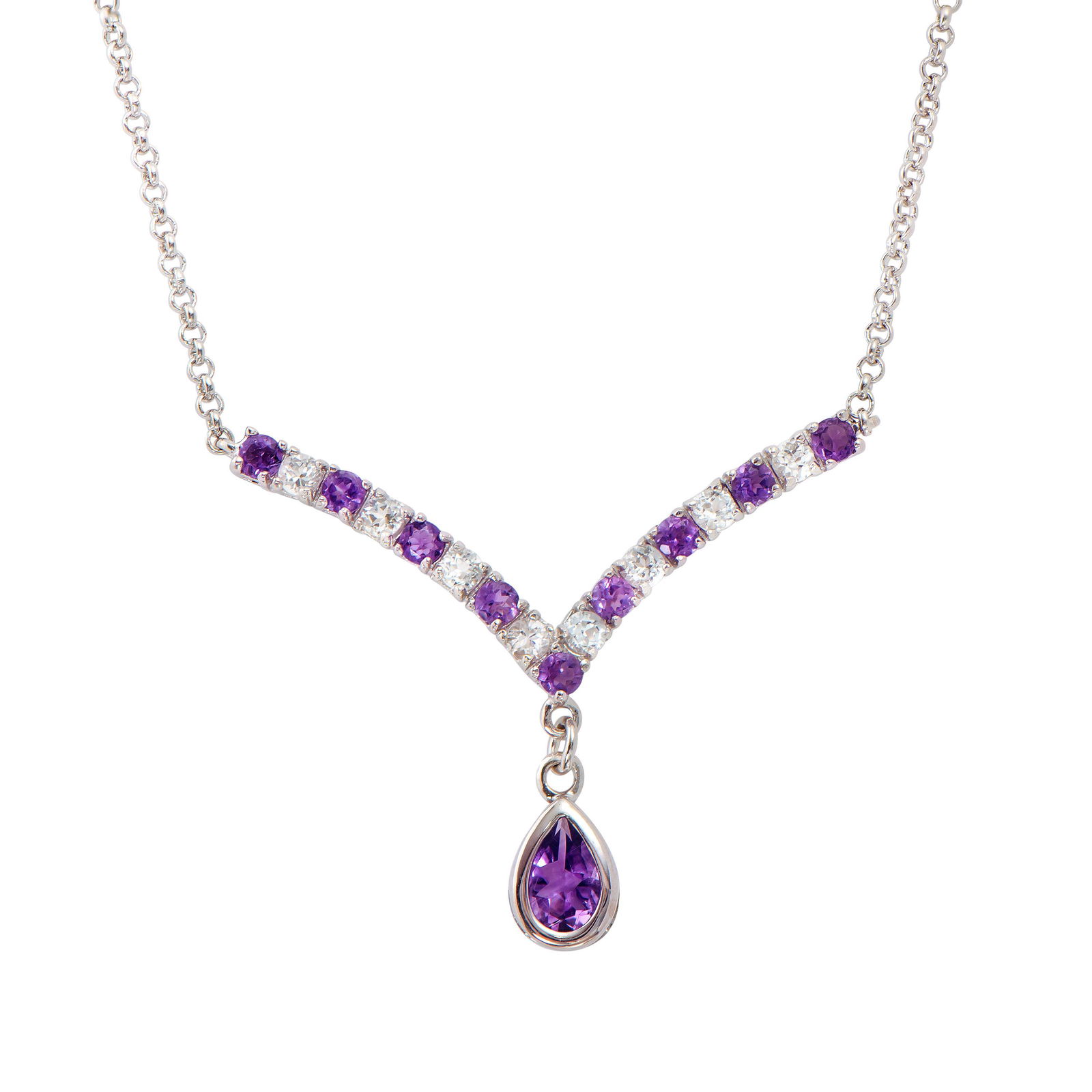 Plated 18KT White Gold 6.27ctw Black Sapphire and White: One Plated 18KT White Gold 6.27ctw Black Sapphire and White Topaz Pendant with Chain. 10 pieces of 1.8-2.2mm Oval Amethyst stones. 8 pieces of 1 mm round white Topaz stones. 5.92 grams of silver layer