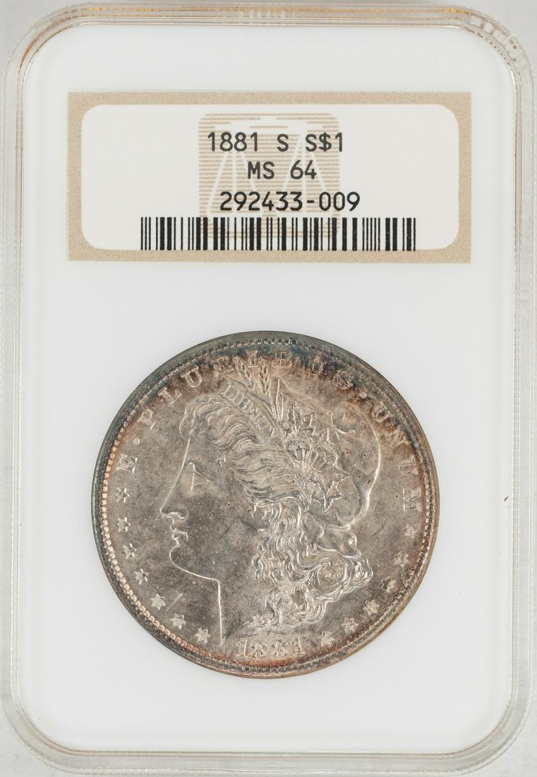 1881-S $1 Morgan Silver Dollar Coin NGC MS64: One 1881-S $1 Morgan Silver Dollar Coin NGC MS64.