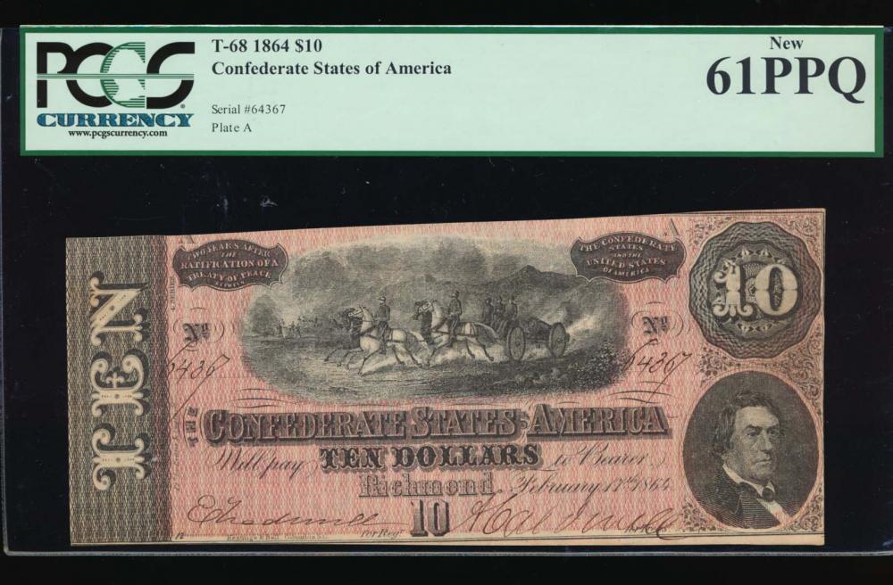1864 $10 Confederate States of America Note PCGS 61PPQ: One 1864 $10 Confederate States of America Note PCGS 61PPQ.