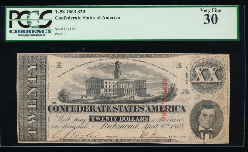 1863 $20 Confederate States of America Note PCGS 30: One 1863 $20 Confederate States of America Note PCGS 30.