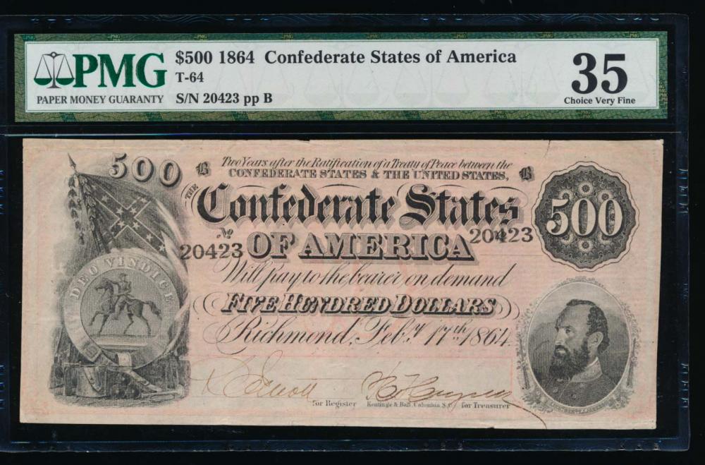 1864 $500 Confederate States of America Note PMG 35: One 1864 $500 Confederate States of America Note PMG 35.