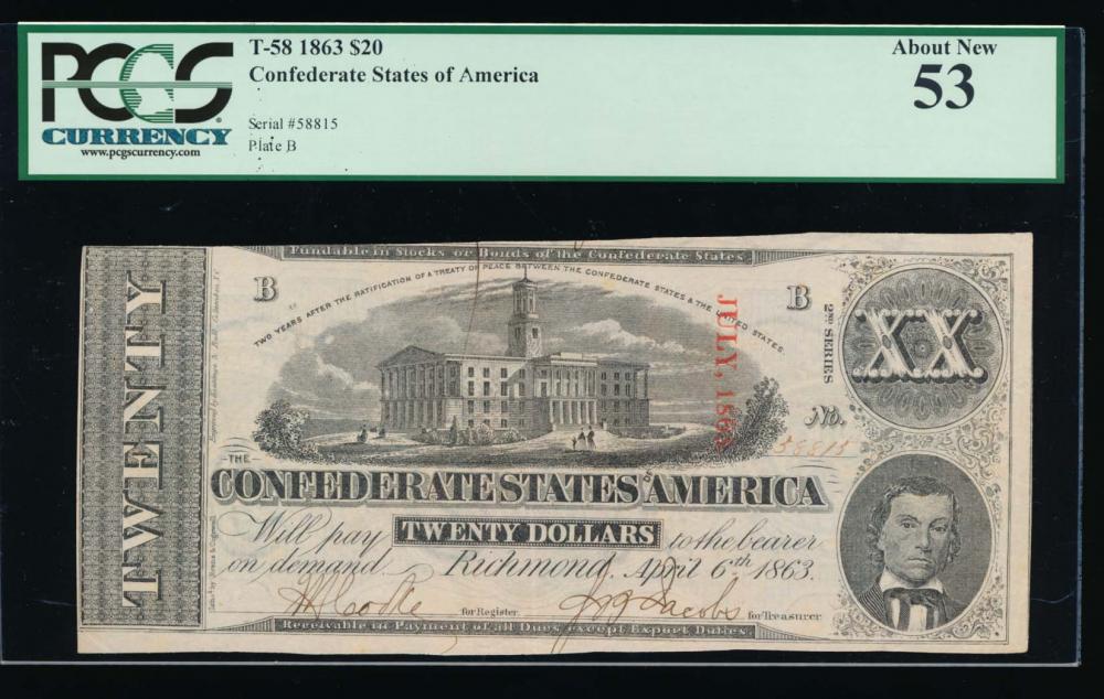 1863 $20 Confederate States of America Note PCGS 53: One 1863 $20 Confederate States of America Note PCGS 53.