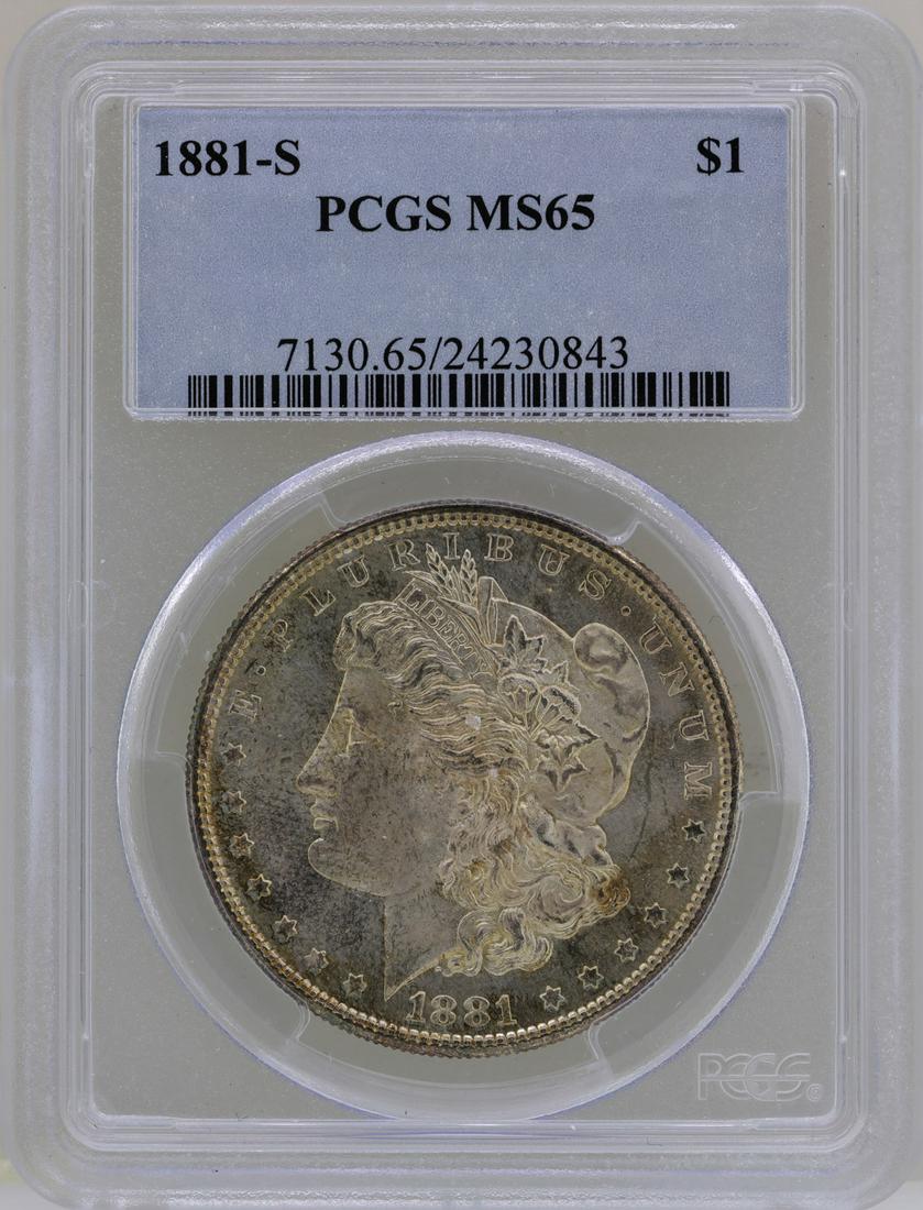 1881-S $1 Morgan Silver Dollar Coin PCGS MS65: One 1881-S $1 Morgan Silver Dollar Coin PCGS MS65.