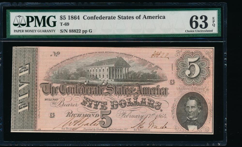 1864 $5 Confederate States of America Note PMG 63EPQ: One 1864 $5 Confederate States of America Note PMG 63EPQ.