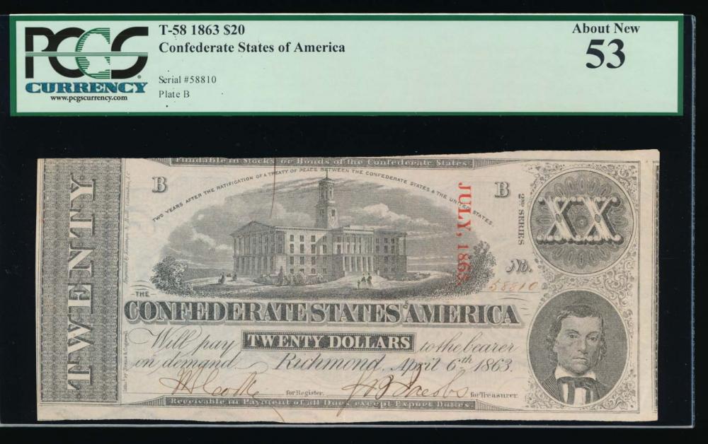 1863 $20 Confederate States of America Note PCGS 53: One 1863 $20 Confederate States of America Note PCGS 53.