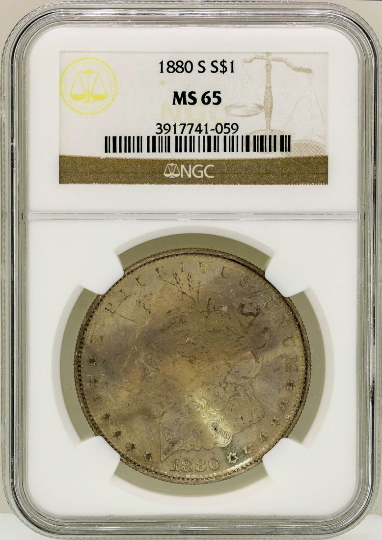 1880-S $1 Morgan Silver Dollar Coin NGC MS65: One 1880-S $1 Morgan Silver Dollar Coin NGC MS65.