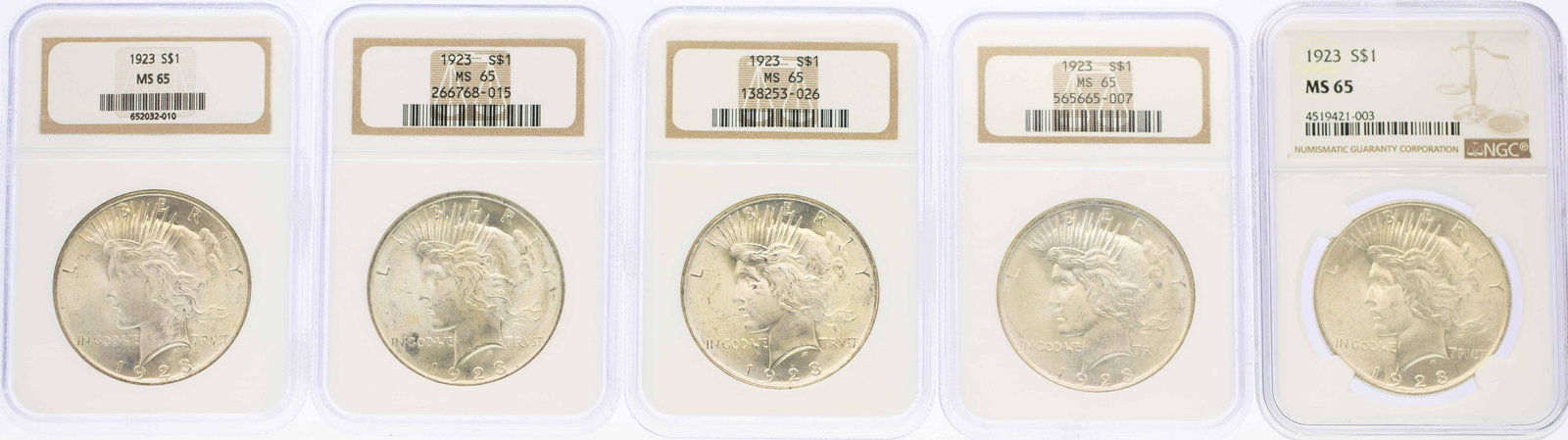 Lot of (5) 1923 $1 Peace Silver Dollar Coins NGC MS65: One Lot of (5) 1923 $1 Peace Silver Dollar Coins NGC MS65.