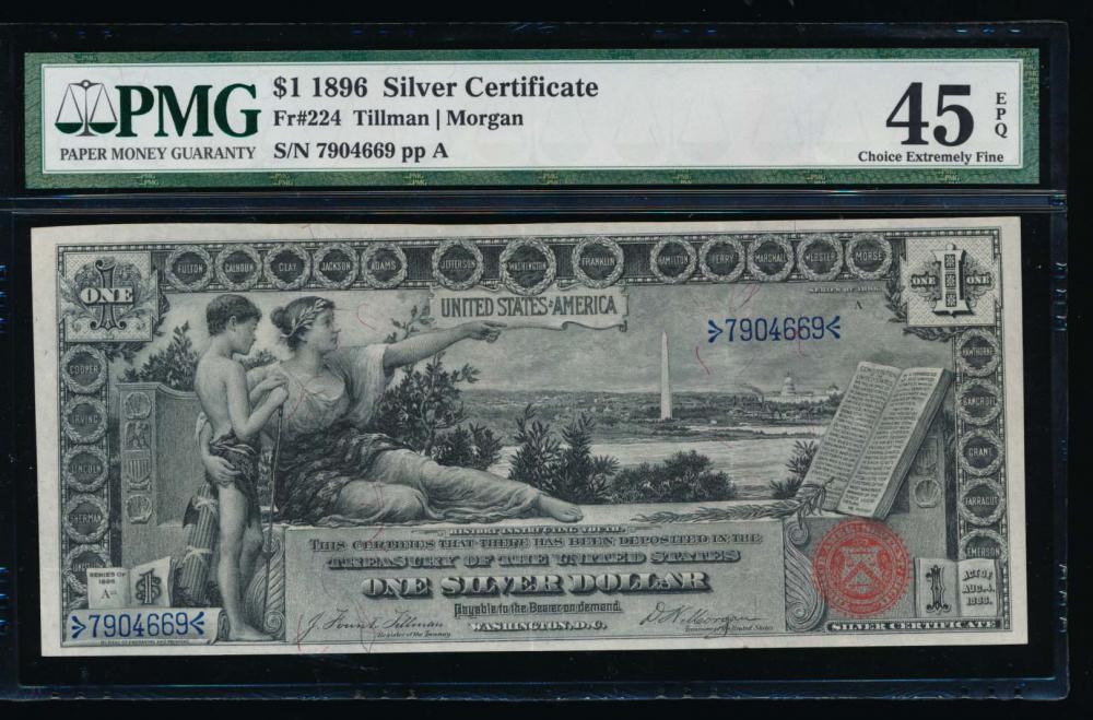 1896 $1 Educational Silver Certificate PMG 45EPQ: One 1896 $1 Educational Silver Certificate PMG 45EPQ.