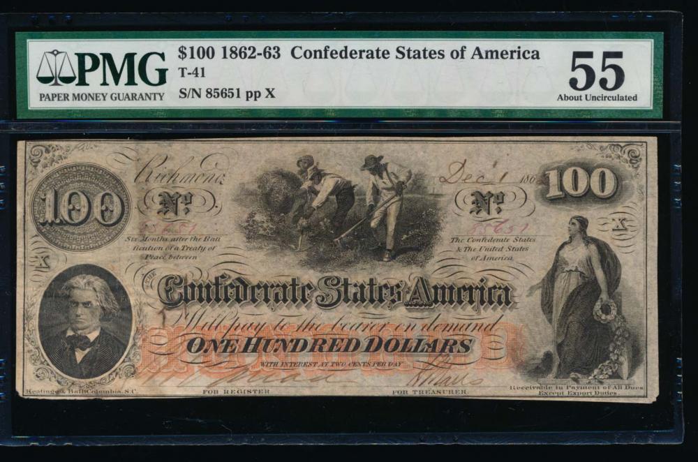 1862-63 $100 Confederate States of America Note PMG 55: One 1862-63 $100 Confederate States of America Note PMG 55.