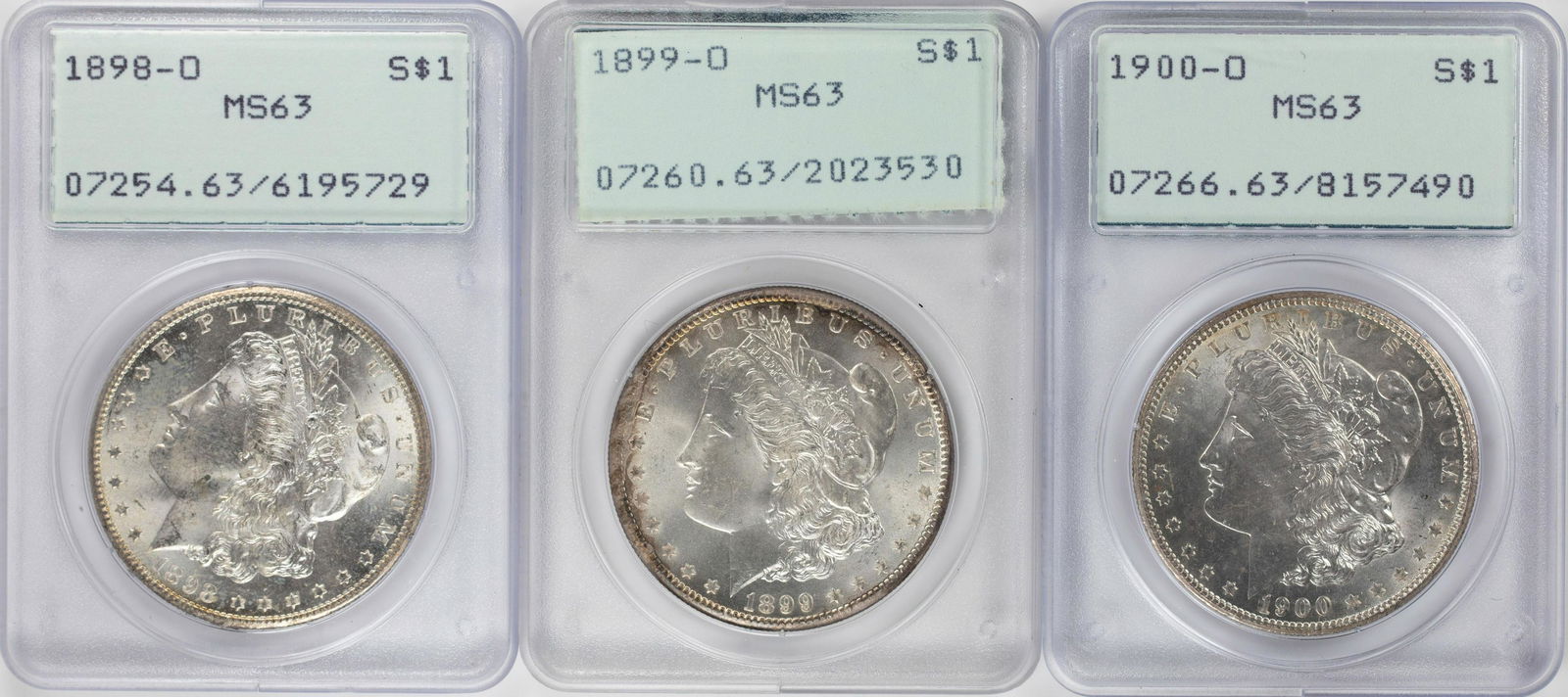 Lot of 1898-O to 1900-O $1 Morgan Silver Dollar Coins: One Lot of 1898-O to 1900-O $1 Morgan Silver Dollar Coins PCGS MS63 Old Green Rattler.