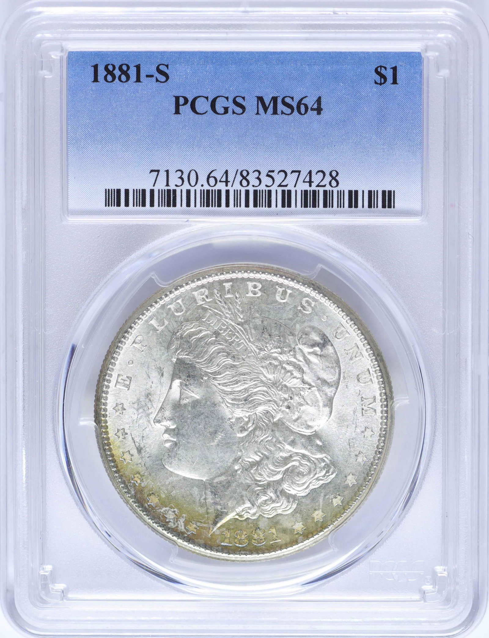 1881-S $1 Morgan Silver Dollar Coin PCGS MS64 Nice: One 1881-S $1 Morgan Silver Dollar Coin PCGS MS64 Nice Toning.