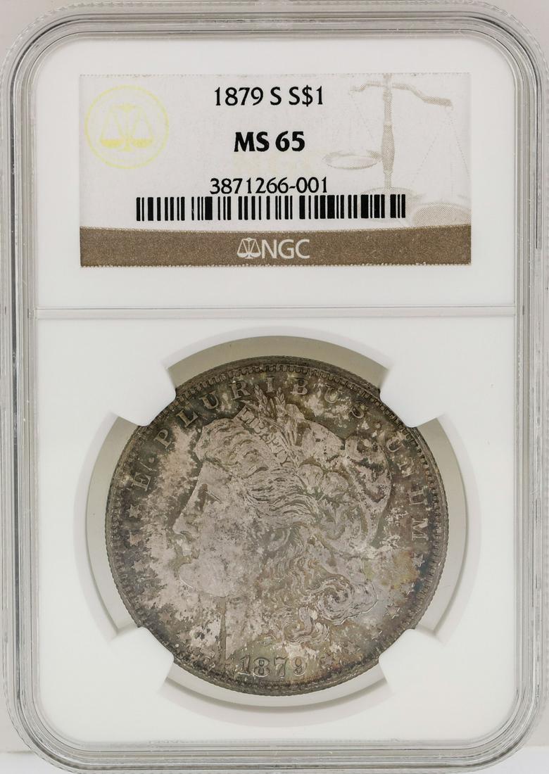 1879-S $1 Morgan Silver Dollar Coin NGC MS65: One 1879-S $1 Morgan Silver Dollar Coin NGC MS65.