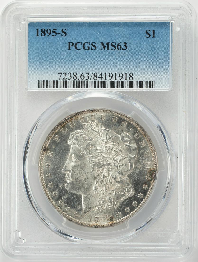 1895-S $1 Morgan Silver Dollar Coin PCGS MS63: One 1895-S $1 Morgan Silver Dollar Coin PCGS MS63.