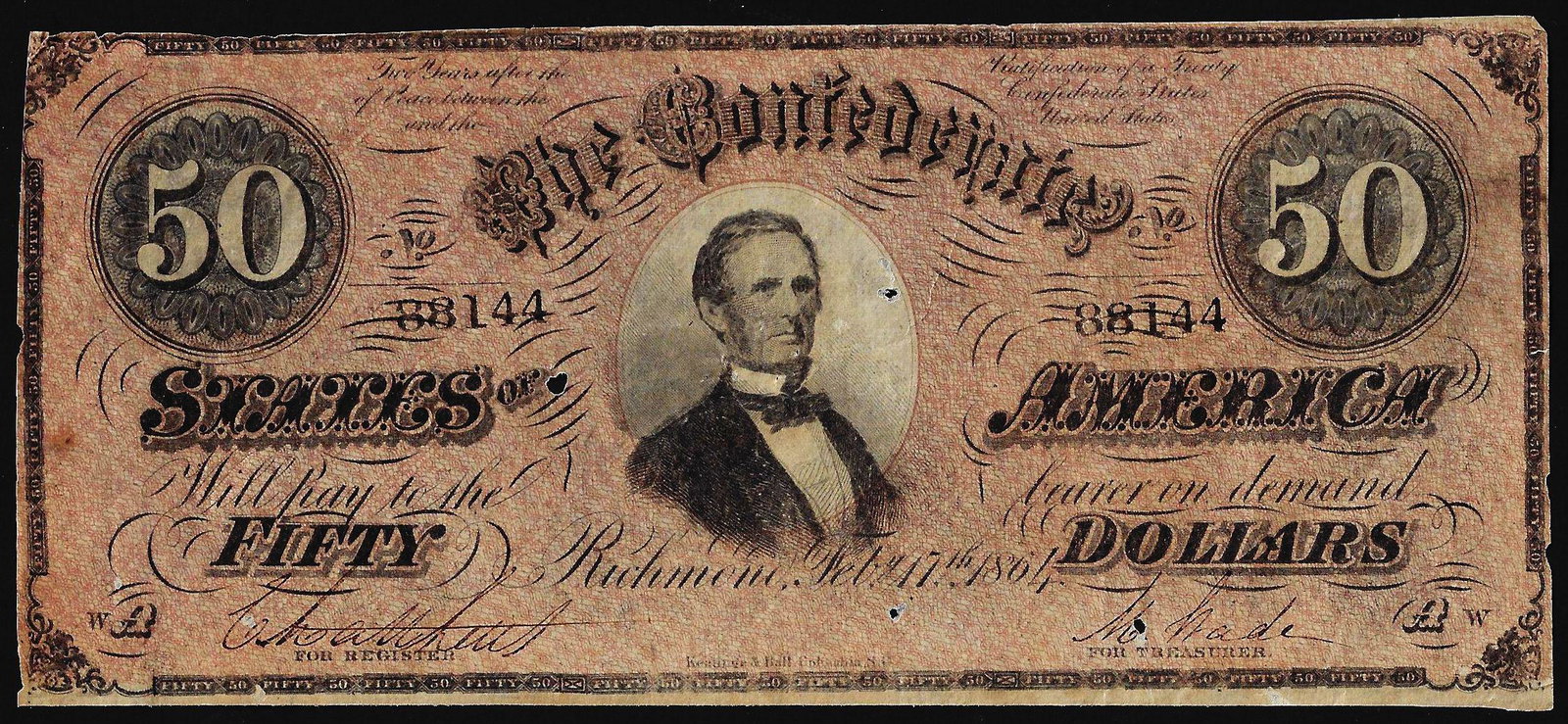 1864 $50 Confederate States of America Note: One 1864 $50 Confederate States of America Note.