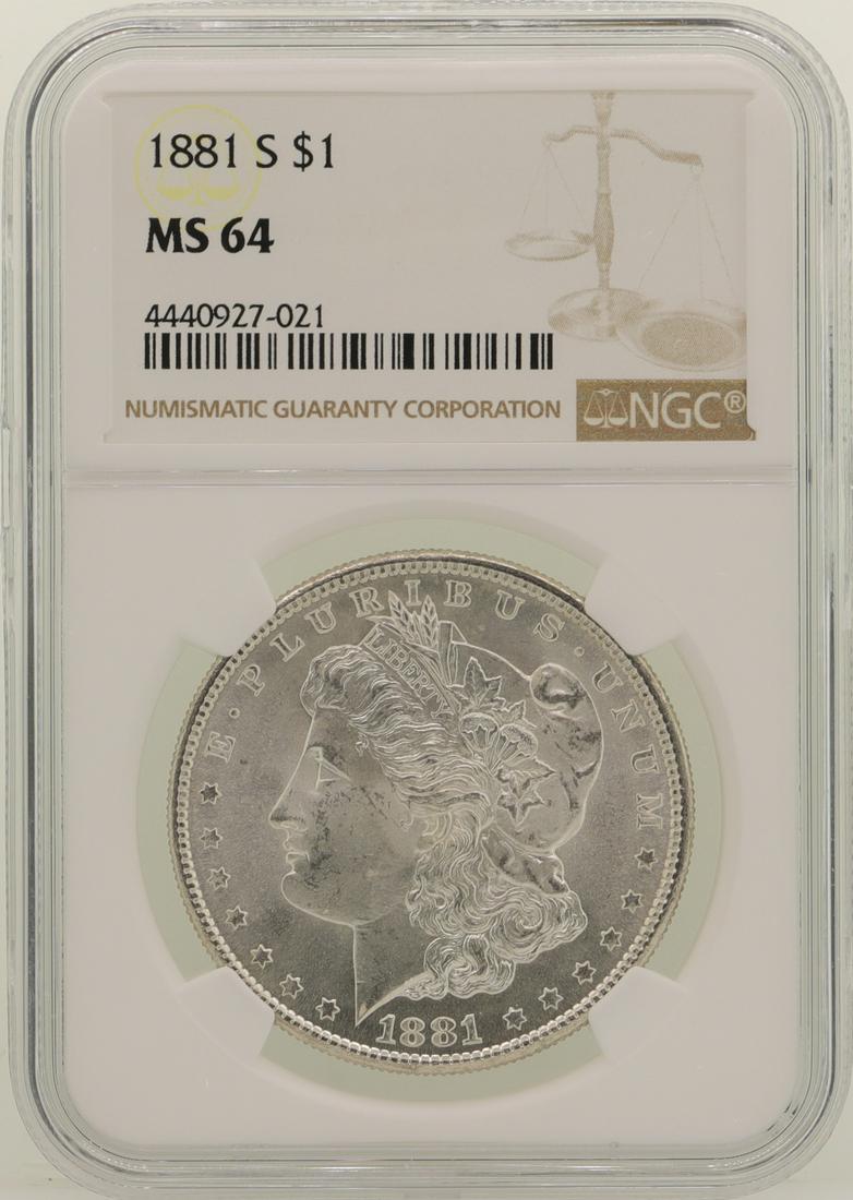 1881-S $1 Morgan Silver Dollar Coin NGC MS64: One 1881-S $1 Morgan Silver Dollar Coin NGC MS64.