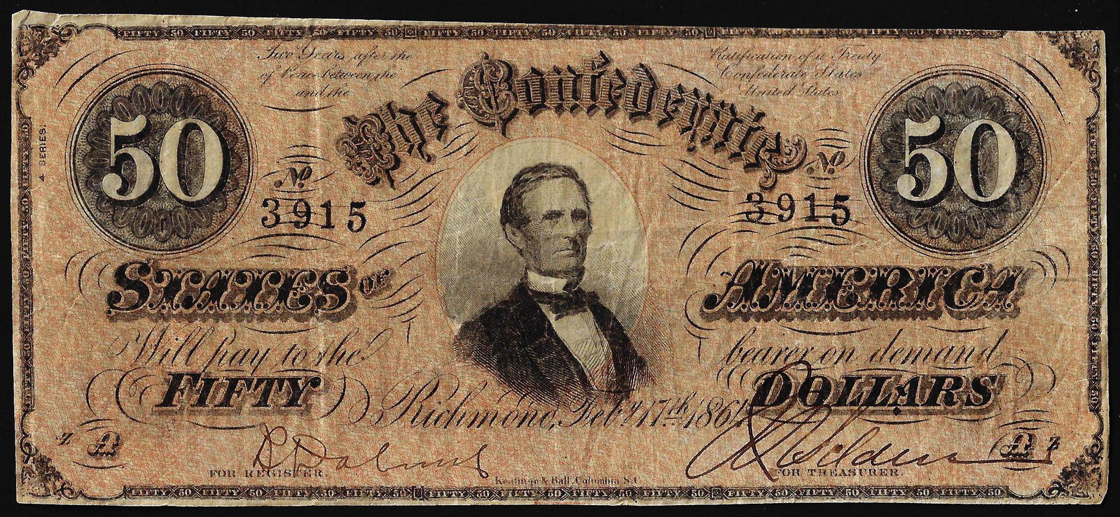 1864 $50 Confederate States of America Note: One 1864 $50 Confederate States of America Note.