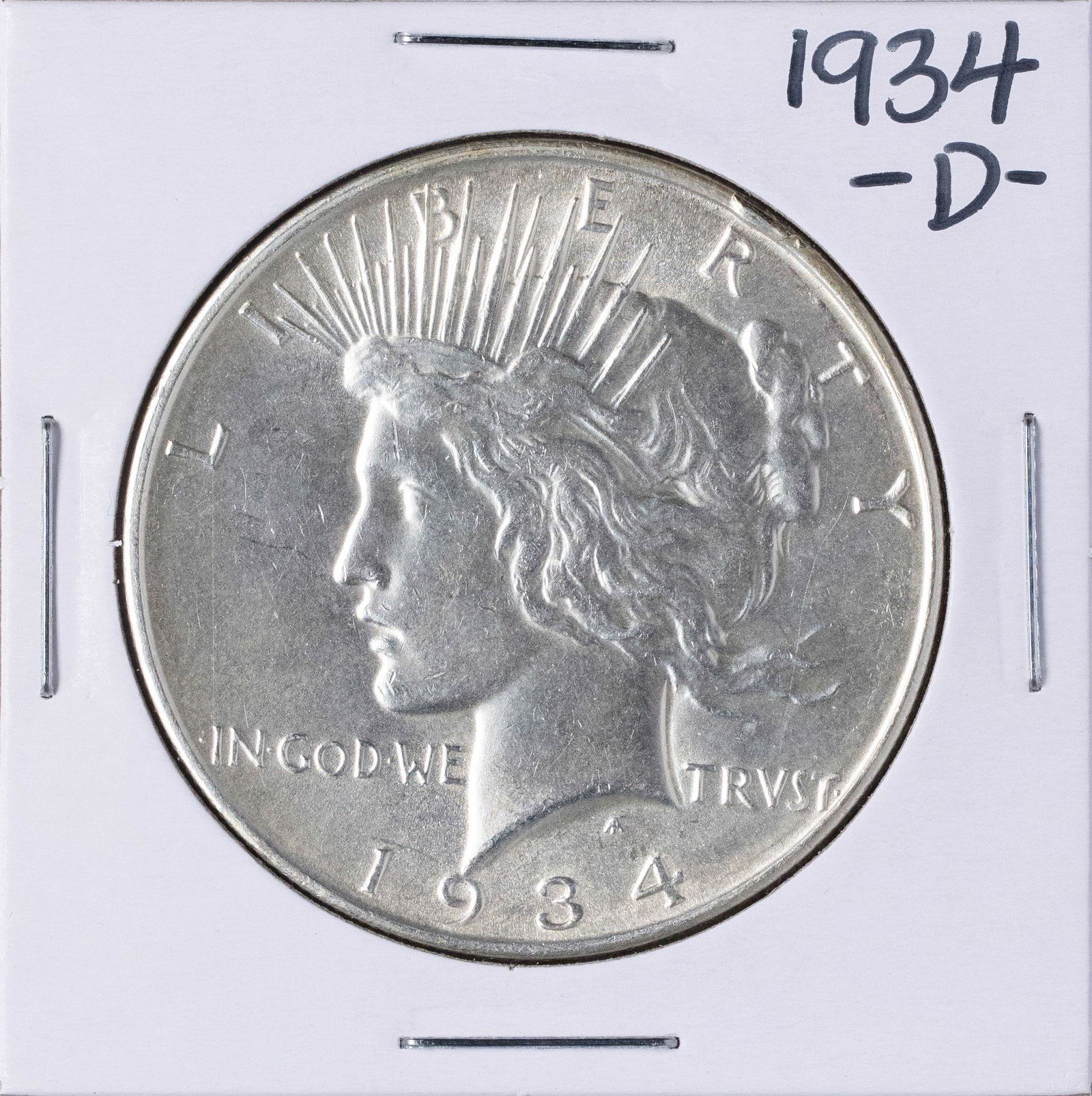 1934-D $1 Peace Silver Dollar Coin: One 1934-D $1 Peace Silver Dollar Coin.