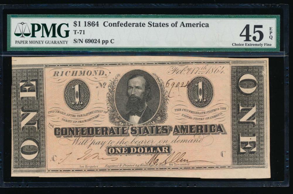1864 $1 Confederate States of America Note PMG 45EPQ: One 1864 $1 Confederate States of America Note PMG 45EPQ.
