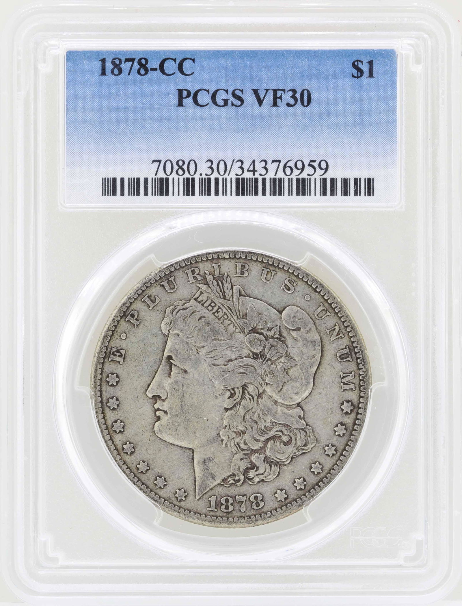 1878-CC $1 Morgan Silver Dollar Coin PCGS VF30: One 1878-CC $1 Morgan Silver Dollar Coin PCGS VF30.