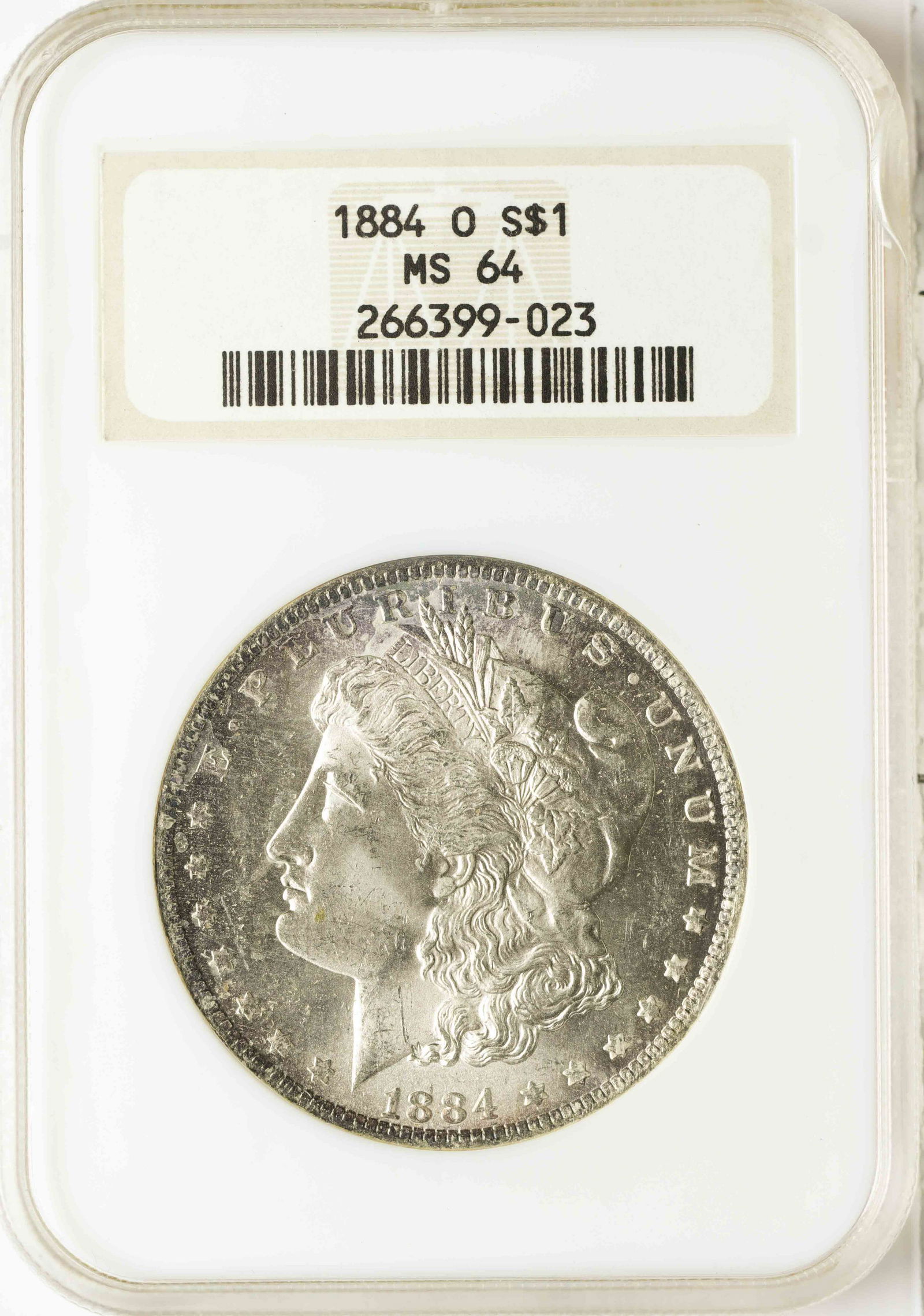 1884-O $1 Morgan Silver Dollar Coin NGC MS64: One 1884-O $1 Morgan Silver Dollar Coin NGC MS64.