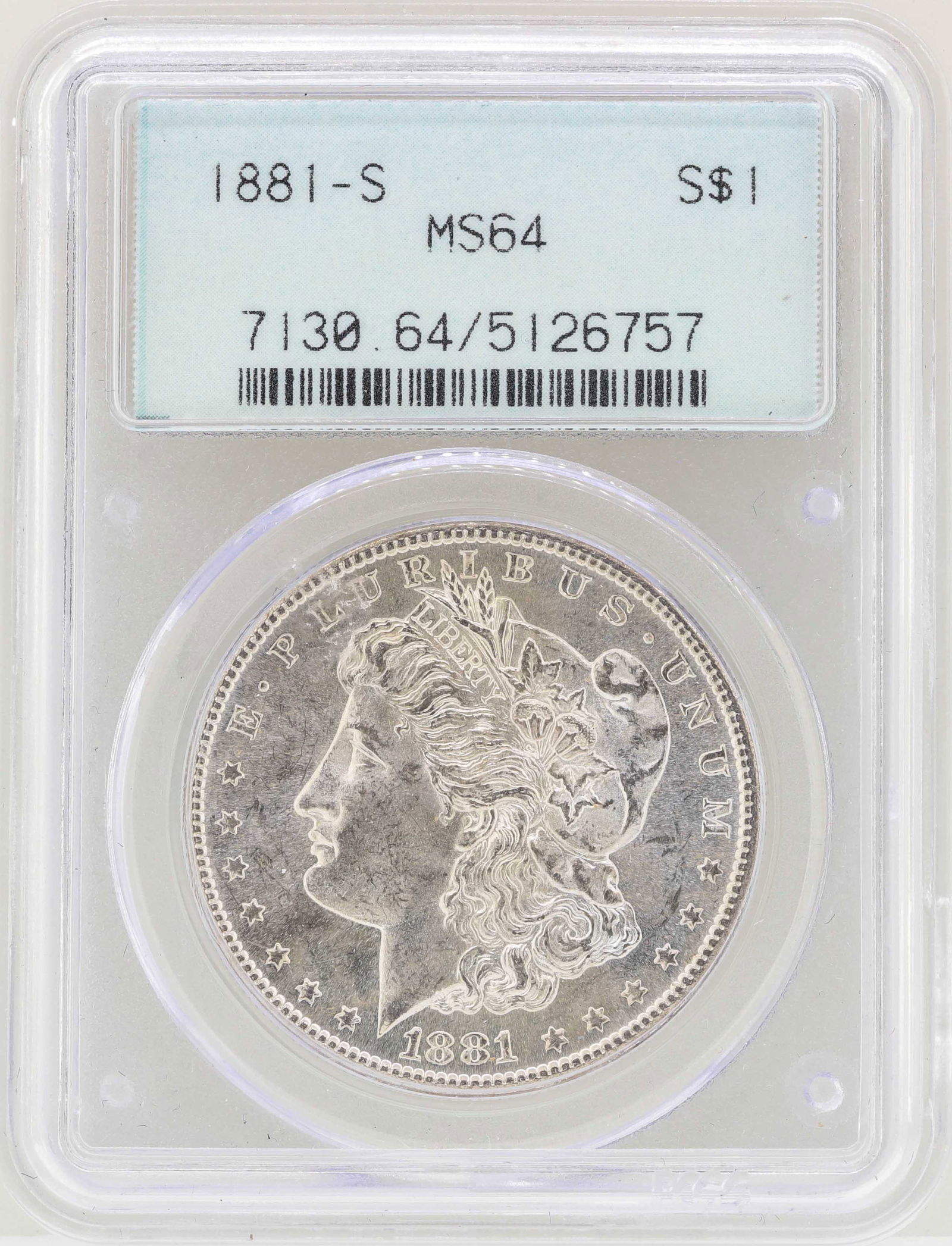 1881-S $1 Morgan Silver Dollar Coin PCGS MS64: One 1881-S $1 Morgan Silver Dollar Coin PCGS MS64.