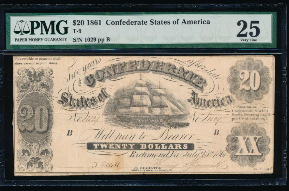 1861 $20 Confederate States of America Note PMG 25: One 1861 $20 Confederate States of America Note PMG 25.