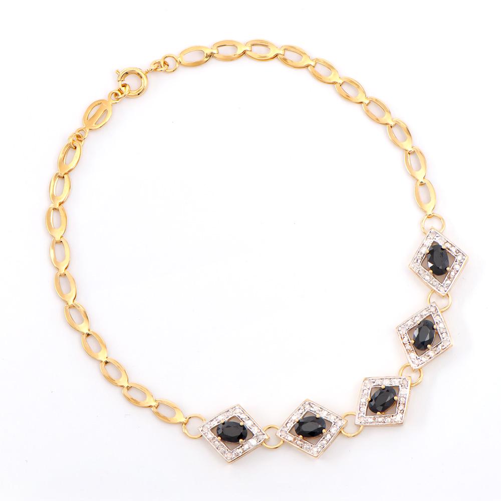 Plated 18KT Yellow Gold 3.05ctw Black Sapphire and: One Plated 18KT Yellow Gold 3.05ctw Black Sapphire and Diamond Bracelet. 5 pieces o6x4mm Black Sapphires. 20 pieces of 1.1mm round diamonds with I-3 clarity and I-J color. Total weight of this necklac