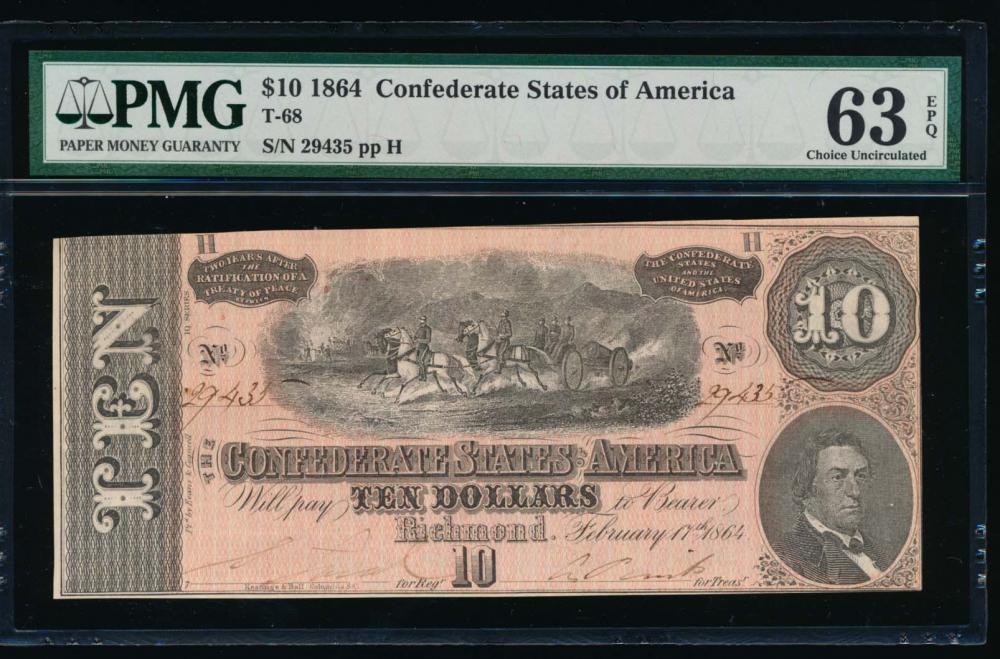 1864 $10 Confederate States of America Note PMG 63EPQ: One 1864 $10 Confederate States of America Note PMG 63EPQ.
