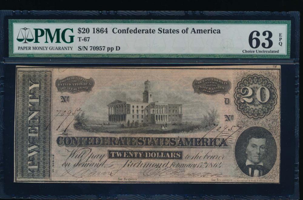 1864 $20 Confederate States of America Note PMG 63EPQ: One 1864 $20 Confederate States of America Note PMG 63EPQ.