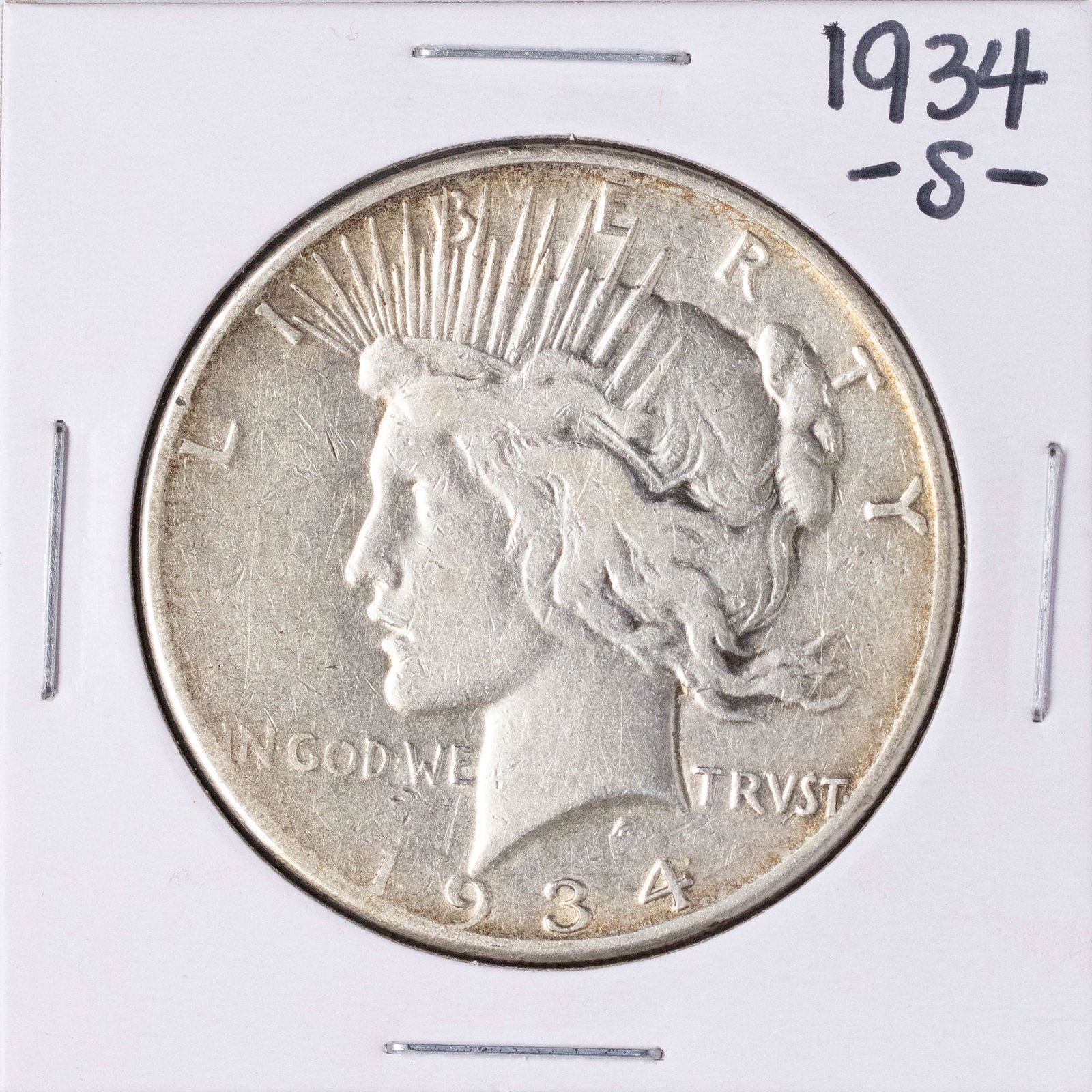 1934-S $1 Peace Silver Dollar Coin: One 1934-S $1 Peace Silver Dollar Coin.