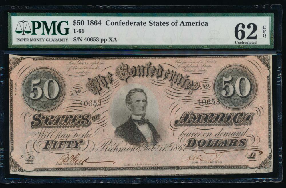 1864 $50 Confederate States of America Note PMG 62EPQ: One 1864 $50 Confederate States of America Note PMG 62EPQ.