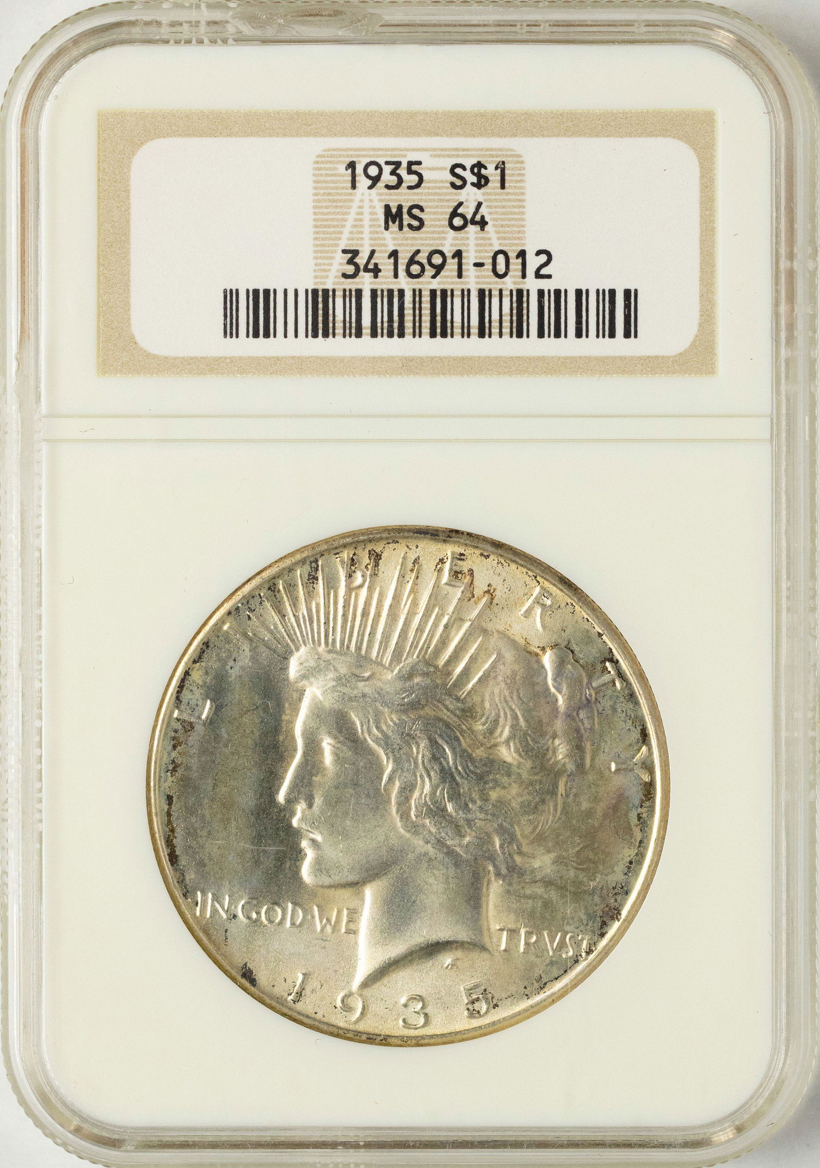 1935 $1 Peace Silver Dollar Coin NGC MS64: One 1935 $1 Peace Silver Dollar Coin NGC MS64.