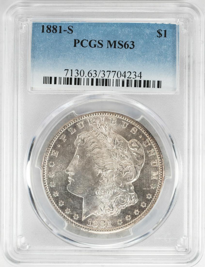 1881-S $1 Morgan Silver Dollar Coin PCGS MS63: One 1881-S $1 Morgan Silver Dollar Coin PCGS MS63.