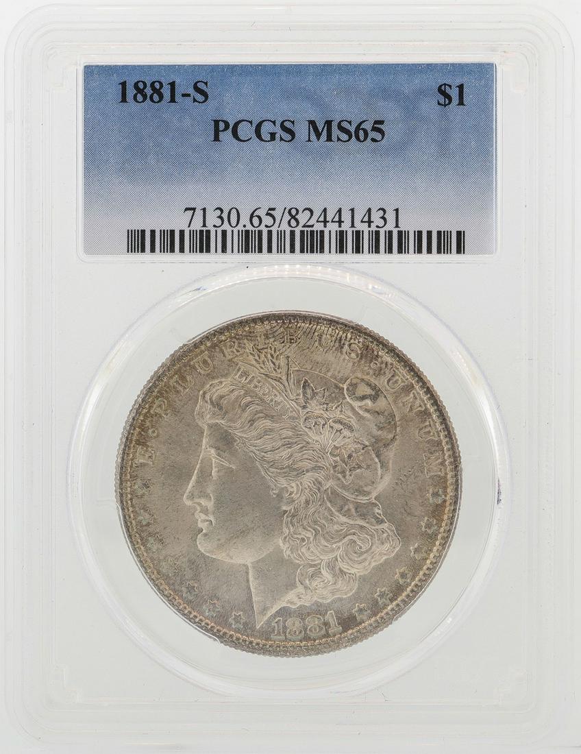 1881-S $1 Morgan Silver Dollar Coin PCGS MS65: One 1881-S $1 Morgan Silver Dollar Coin PCGS MS65.