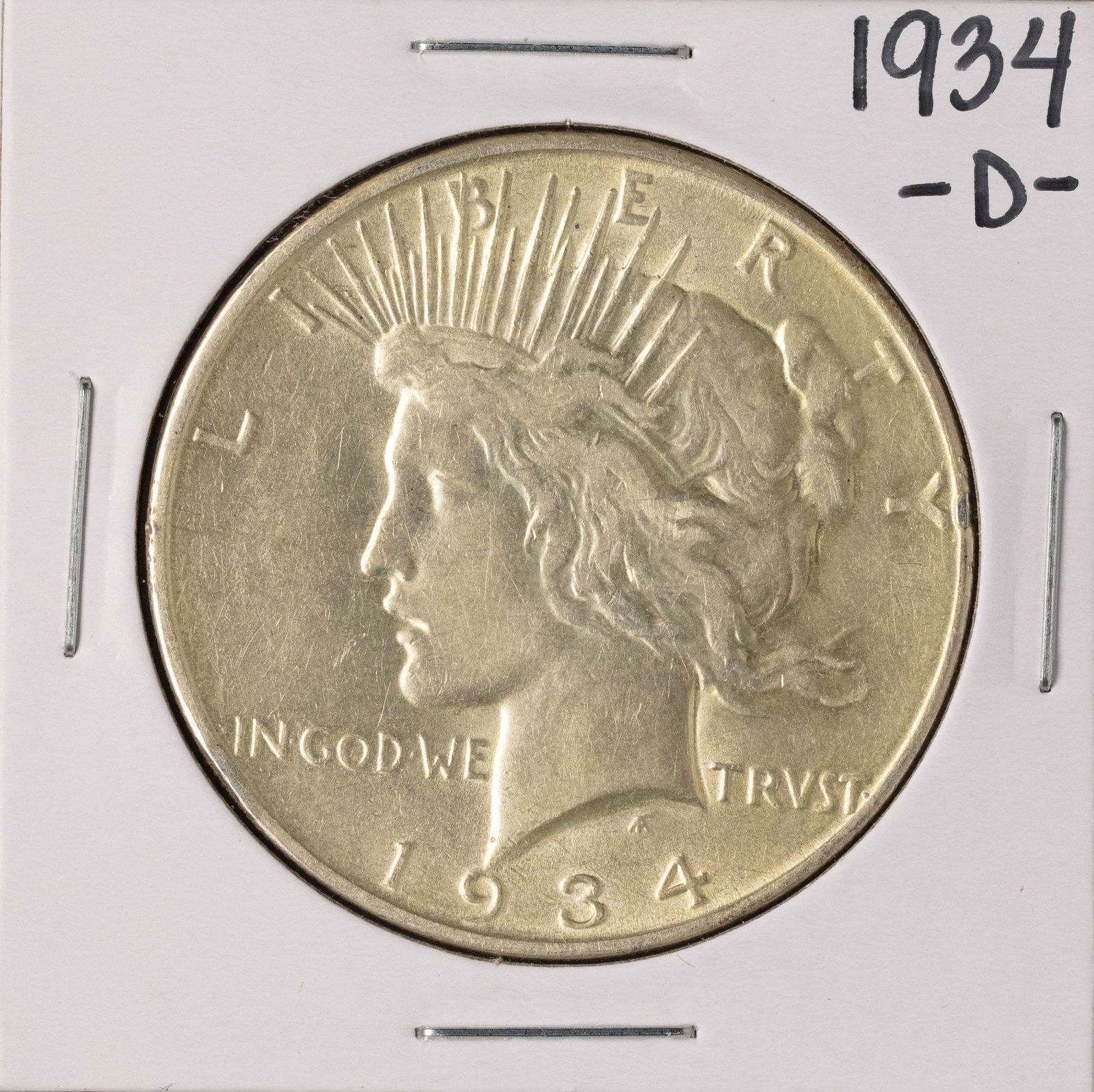 1934-D $1 Peace Silver Dollar Coin: One 1934-D $1 Peace Silver Dollar Coin.