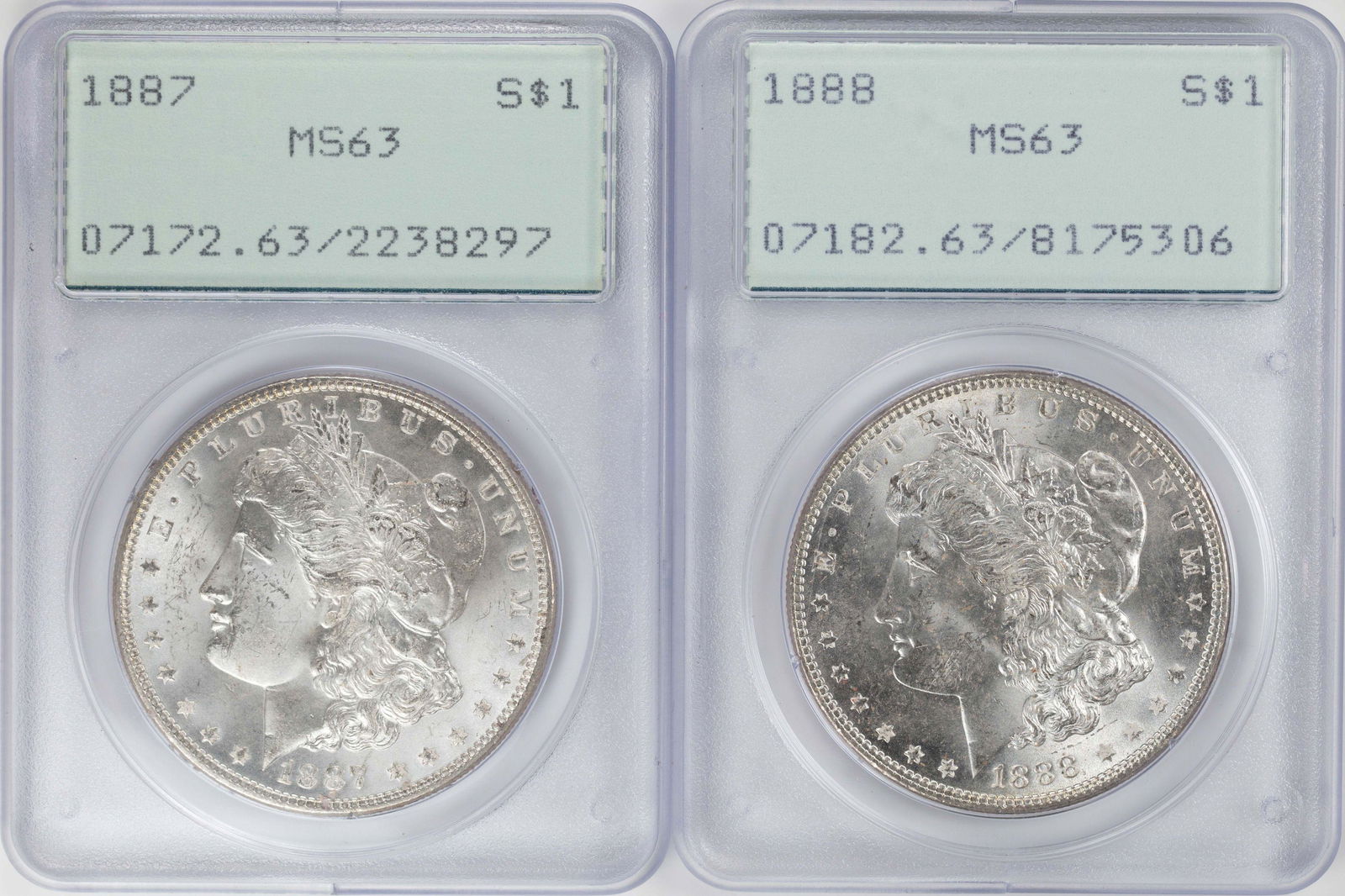 Lot of 1887-1888 $1 Morgan Silver Dollar Coins PCGS: One Lot of 1887-1888 $1 Morgan Silver Dollar Coins PCGS MS63 Old Green Rattler.