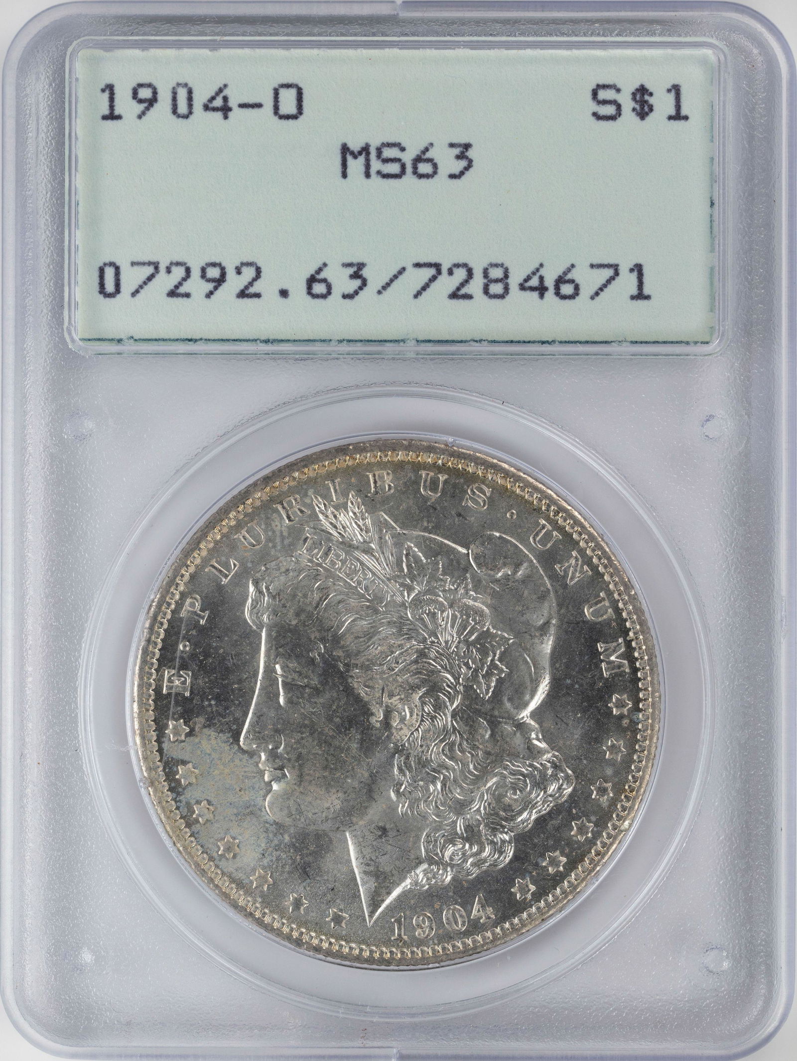 1904-O $1 Morgan Silver Dollar Coin PCGS MS63 Old Green: One 1904-O $1 Morgan Silver Dollar Coin PCGS MS63 Old Green Rattler.