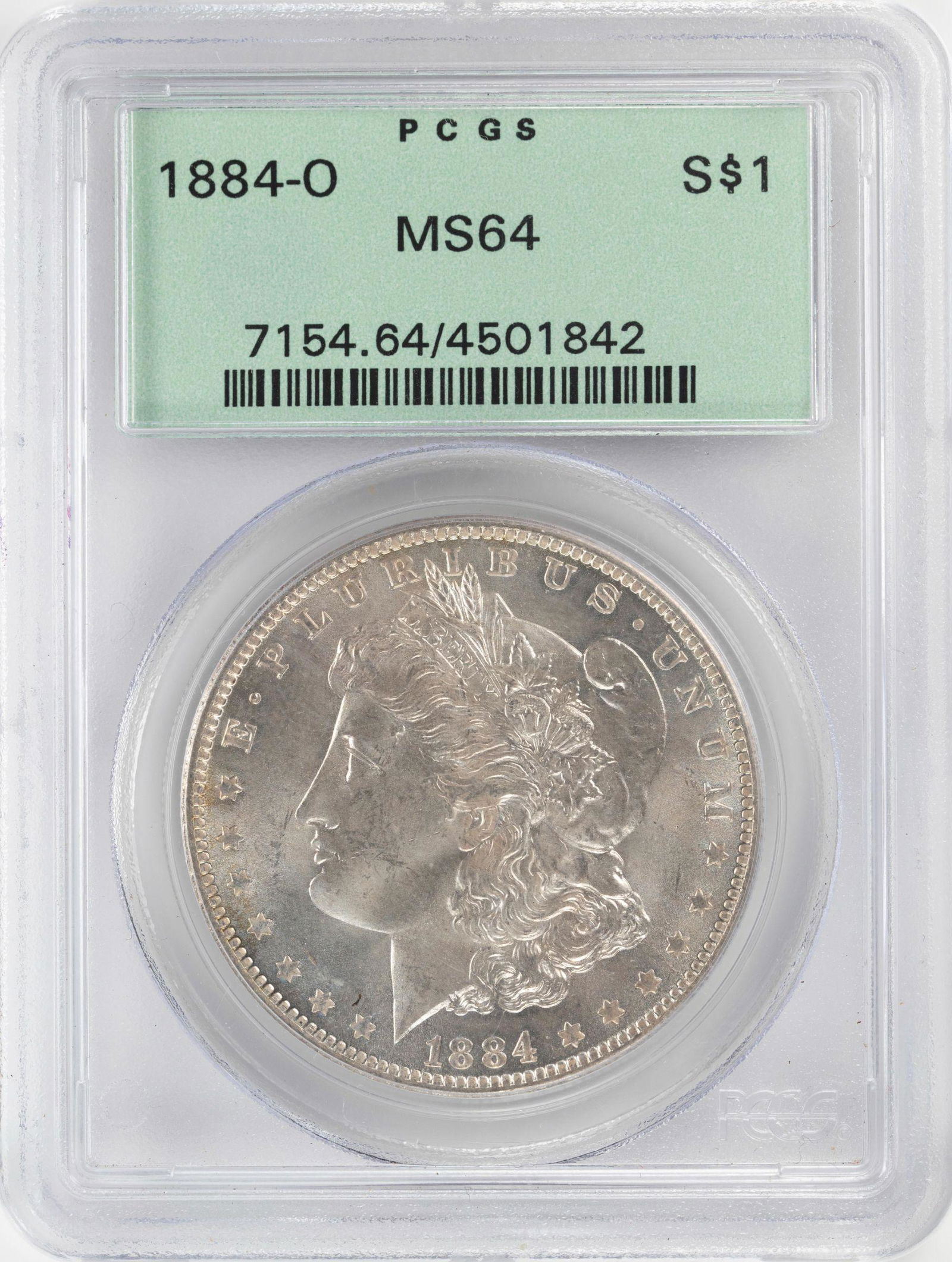 1884-O $1 Morgan Silver Dollar Coin PCGS MS64 Old Green: One 1884-O $1 Morgan Silver Dollar Coin PCGS MS64 Old Green Holder.