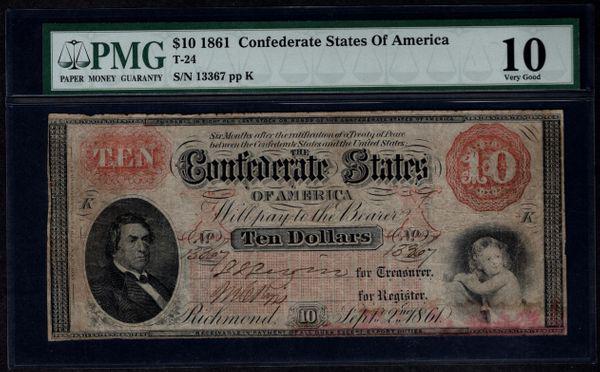 1861 $10 Confederate States of America Note PMG 10: One 1861 $10 Confederate States of America Note PMG 10.