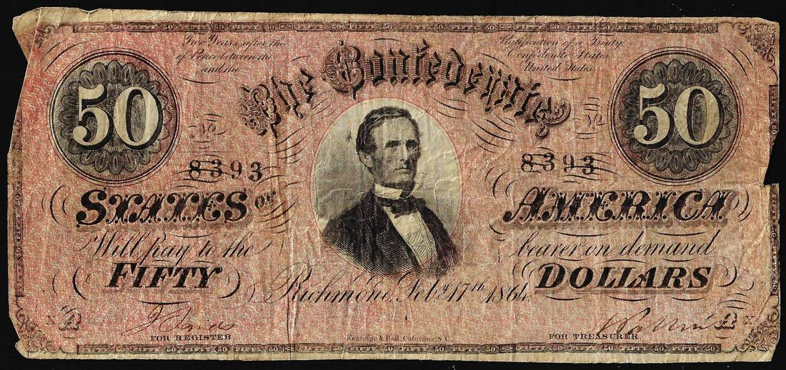 1864 $50 Confederate States of America Note: One 1864 $50 Confederate States of America Note.