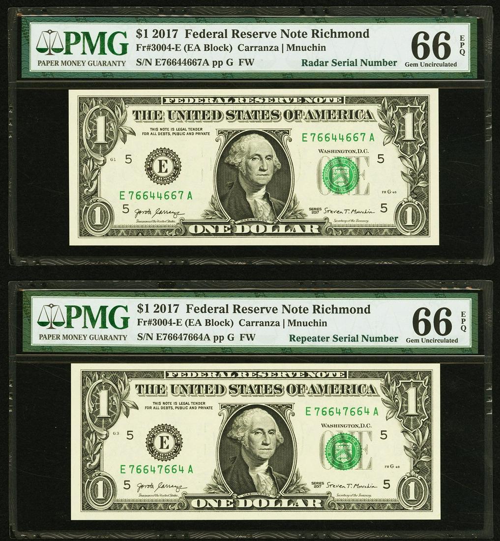 2017 $1 Repeater and Radar Serial Notes PMG 66EPQ: Lot of (2) 2017 $1 Repeater and Radar Serial Richmond Federal Reserve Notes PMG 66EPQ.