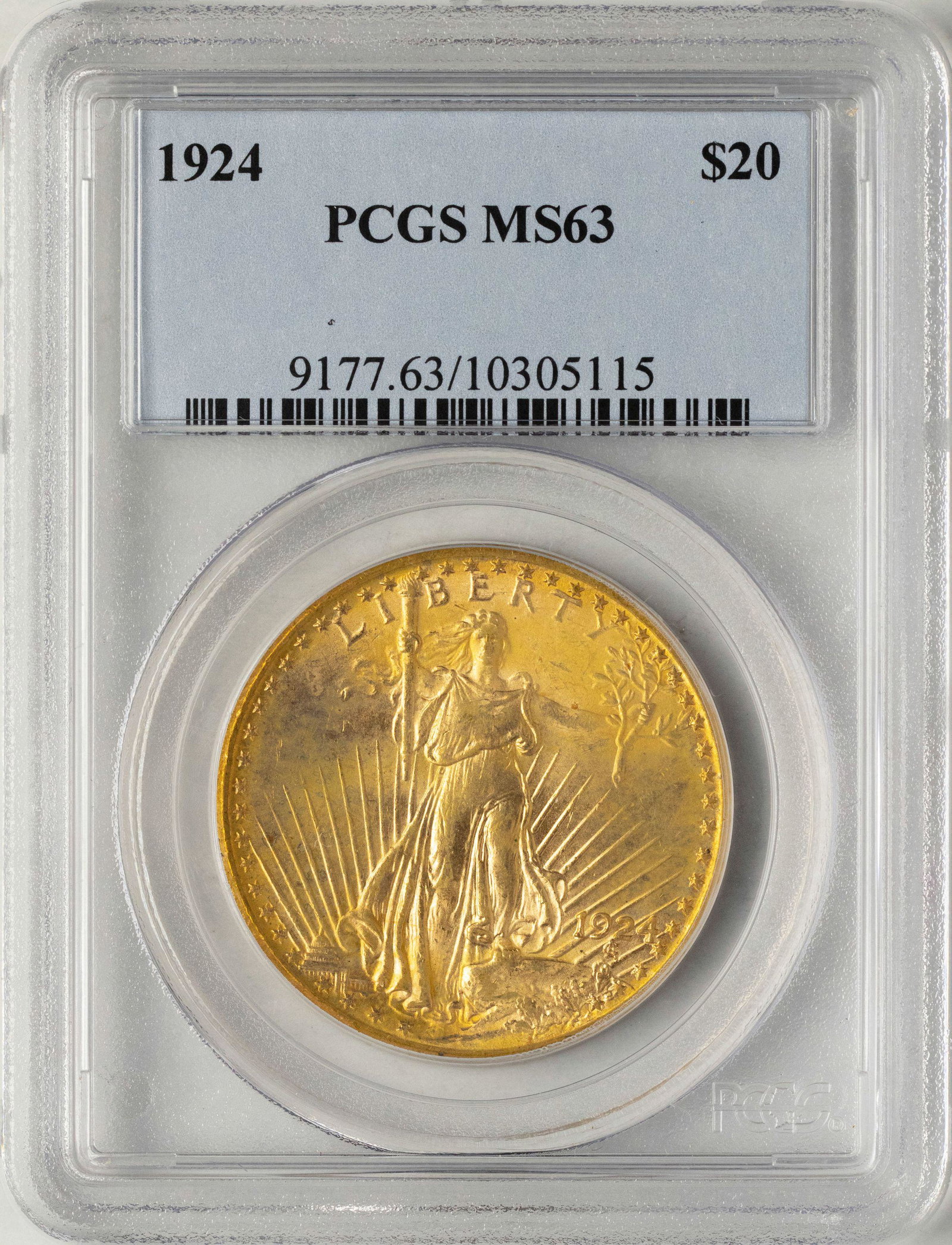 1924 $20 St. Gaudens Double Eagle Gold Coin PCGS MS63: One 1924 $20 St. Gaudens Double Eagle Gold Coin PCGS MS63.