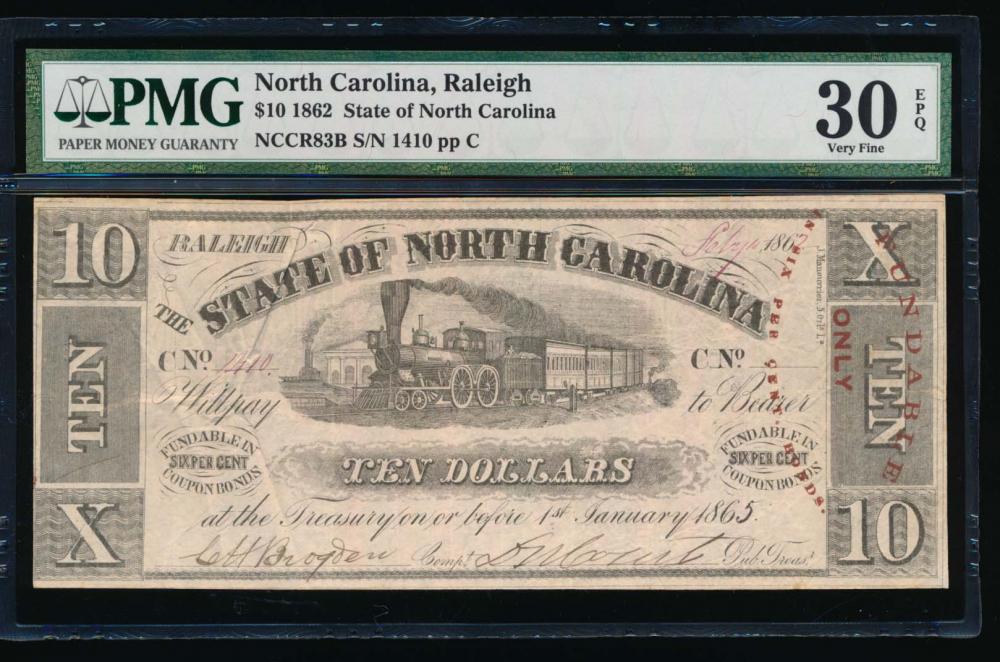 1862 $10 Raleigh NC Obsolete Note PMG 30EPQ: One 1862 $10 Raleigh NC Obsolete Note PMG 30EPQ.