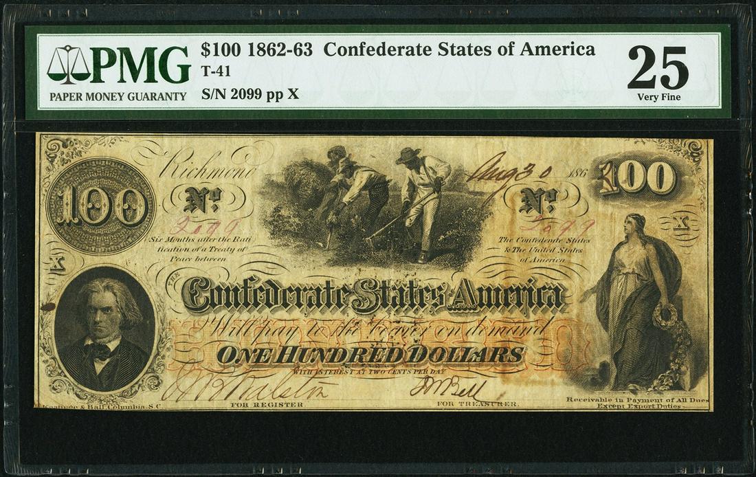 1862-63 $100 Confederate States of America Note PMG 25: One 1862-63 $100 Confederate States of America Note PMG 25.