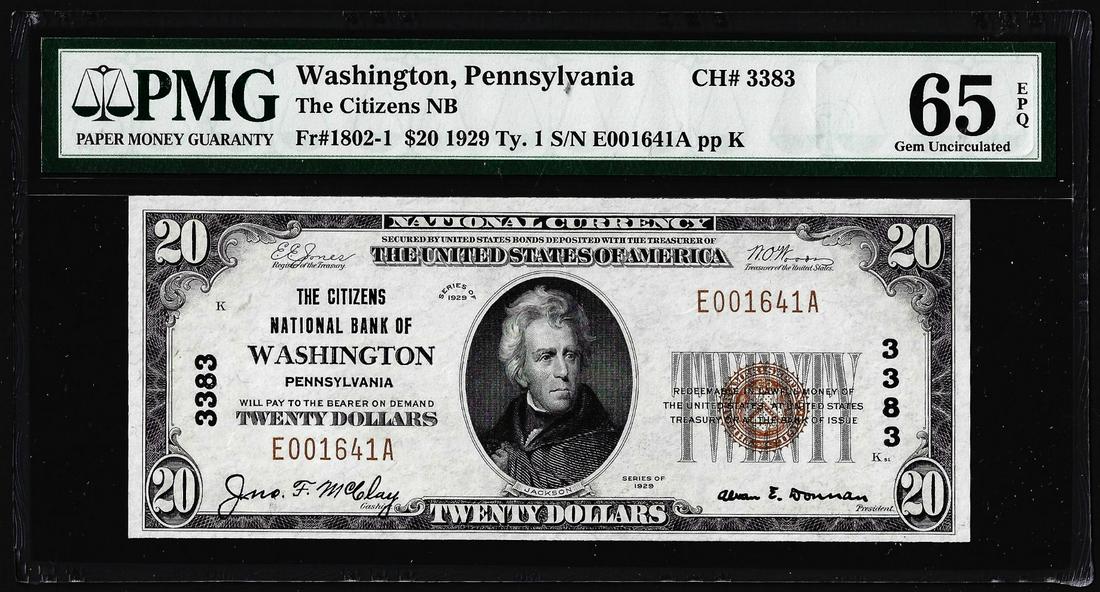 1929 $20 Citizens NB Washington, PA CH# 3383 National: One 1929 $20 Citizens NB Washington, PA CH# 3383 National Note PMG Choice Gem Unc 65EPQ.
