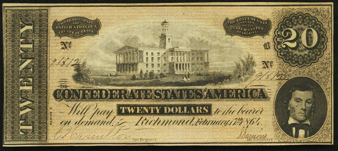 1864 $20 Confederate States of America Note: One 1864 $20 Confederate States of America Note.
